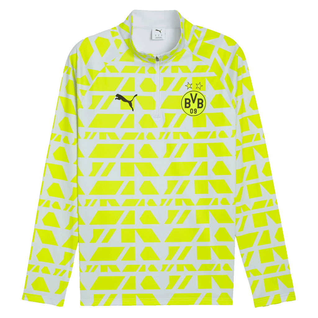 Silver-gray BVB Warm Up zip-up shirt from the 2025/26 season with an eye-catching yellow geometric pattern and club logo, ideal for fans and training.