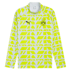 Silver-gray BVB Warm Up zip-up shirt from the 2025/26 season with an eye-catching yellow geometric pattern and club logo, ideal for fans and training.