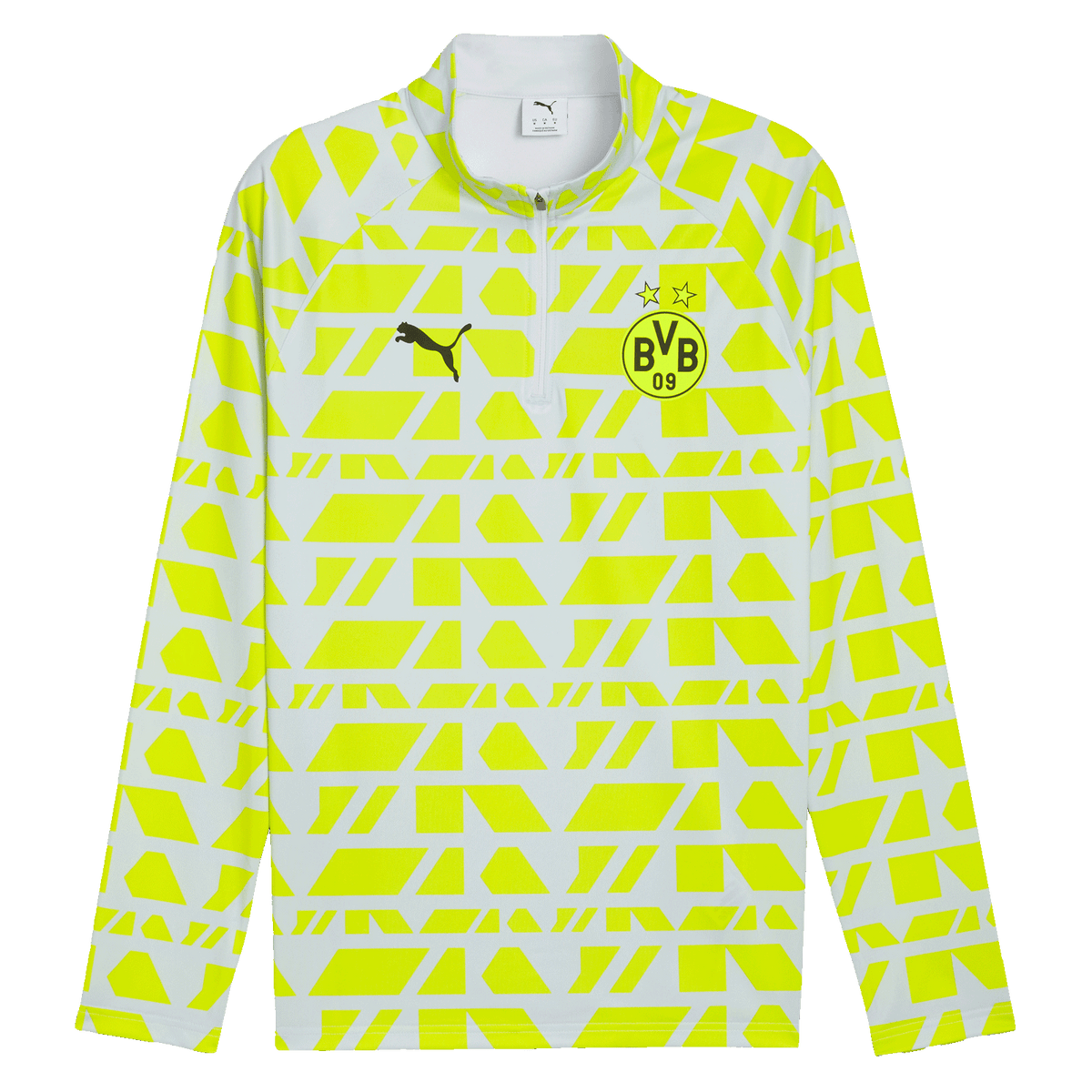 Silbergraues BVB Warm Up Zip-Shirt der Saison 2025/26 mit auffälligem gelbem geometrischen Muster und Vereinslogo, ideal für Fans und Training.