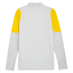 Vista posteriore della felpa con zip da allenamento del BVB 25-26, color grigio argento con dettagli gialli sulle maniche, ideale per lo sport e il tempo libero.