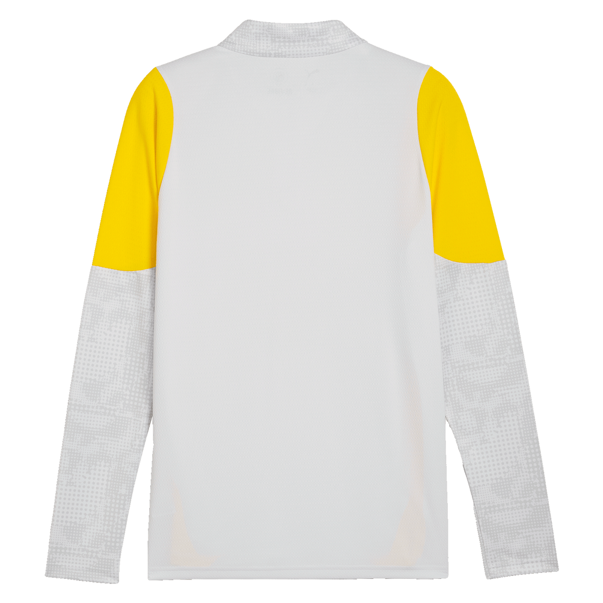 Rückansicht des silbergrauen BVB Trainings-Zip-Shirts 25-26 mit gelben Farbakzenten an den Ärmeln, ideal für Sport und Freizeit.