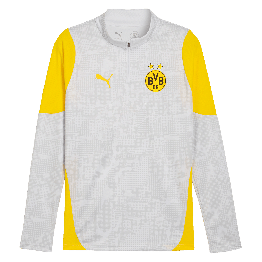Sweat d'entraînement zippé BVB gris argenté 2025/26, avec des détails jaunes, le félin PUMA et l'emblème BVB-09 sur la poitrine.