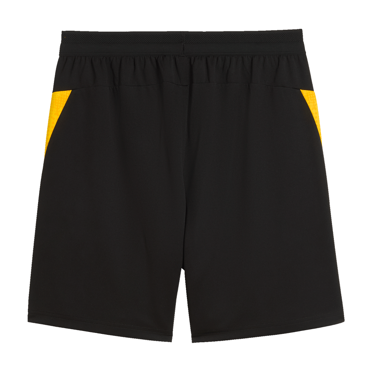 2025/26年モデルのBVBトレーニングショーツ（ブラック＆イエロー）。後ろ姿には黄色のサイドパネルと伸縮性のあるウエストバンドが施されており、スポーツやレジャーに最適です。
