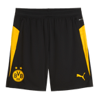 Schwarzgelbe BVB-Trainingsshort 2025/26 mit auffälligen gelben Seitenstreifen, BVB-Logo und PUMA-Logo, ideal für sportliche Aktivitäten und Fans von Borussia Dortmund.