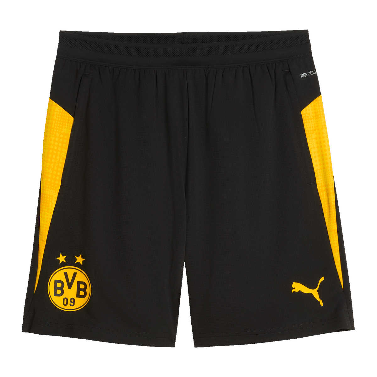 2025/26シーズンのBVBトレーニングショーツ（ブラック＆イエロー）。目を引く黄色のサイドストライプ、BVBロゴ、PUMAロゴがあしらわれており、スポーツ活動やボルシア・ドルトムントのファンに最適です。
