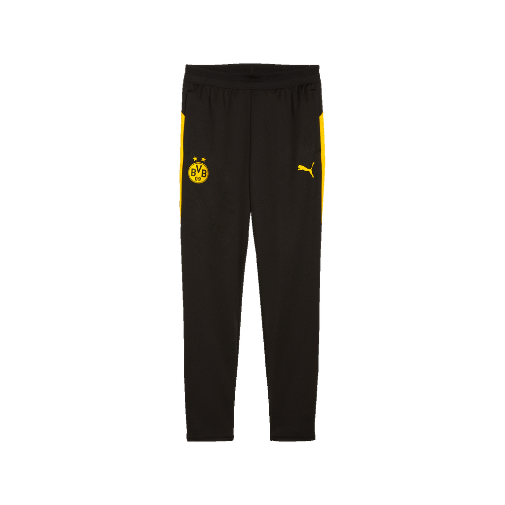 Pantaloni da allenamento neri del BVB 2025/26 per bambini con strisce gialle, logo BVB e logo PUMA, ideali per le attività sportive.
