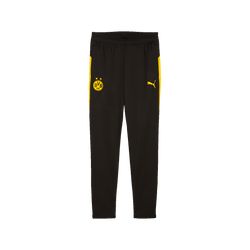 2025/26赛季多特蒙德（BVB）儿童款黑色训练裤，配有黄色条纹、BVB标志和PUMA标志，非常适合体育活动。