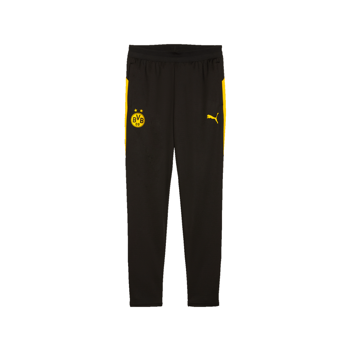 2025/26赛季多特蒙德（BVB）儿童款黑色训练裤，配有黄色条纹、BVB标志和PUMA标志，非常适合体育活动。