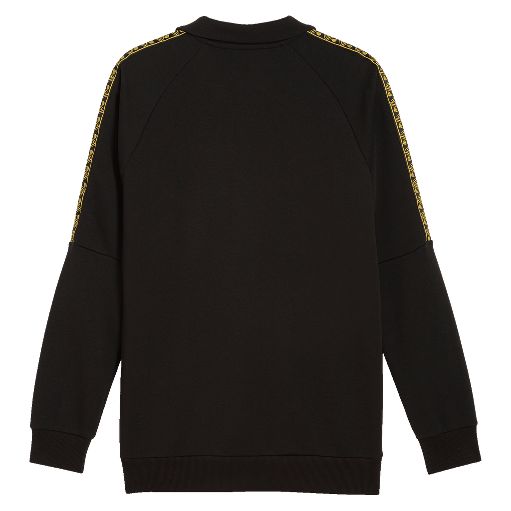 Camiseta negra del BVB con un diseño amarillo a lo largo de los hombros, vista trasera, manga larga, ideal para hacer deporte o para el tiempo libre.