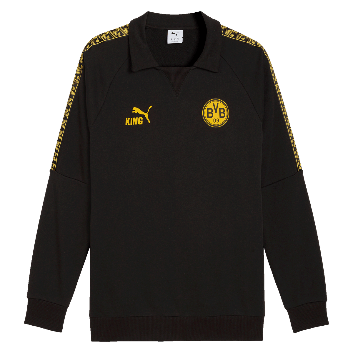 T-shirt noir BVB KING en tissu drill, avec le logo BVB jaune, le logo PUMA et l'inscription « KING » sur le devant, orné d'un motif à rayures jaunes sur les manches.