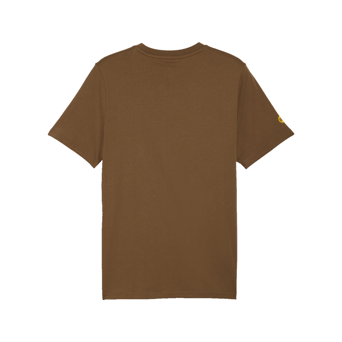 Rückansicht eines braunen BVB T-Shirts aus Baumwolle, mit kleinem BVB-Logo auf dem rechten Ärmel.
