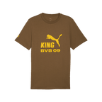 T-shirt marron avec le logo « BVB KING », le logo PUMA jaune et l'inscription « KING BVB 09 » sur le devant, idéal pour les supporters du Borussia Dortmund.