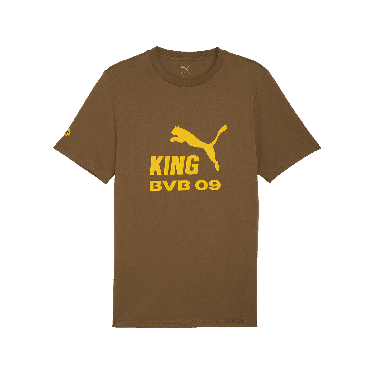 Braunes BVB KING Logo T-Shirt mit gelbem PUMA-Logo und 'KING BVB 09' Schriftzug auf der Vorderseite, ideal für Borussia Dortmund Fans.