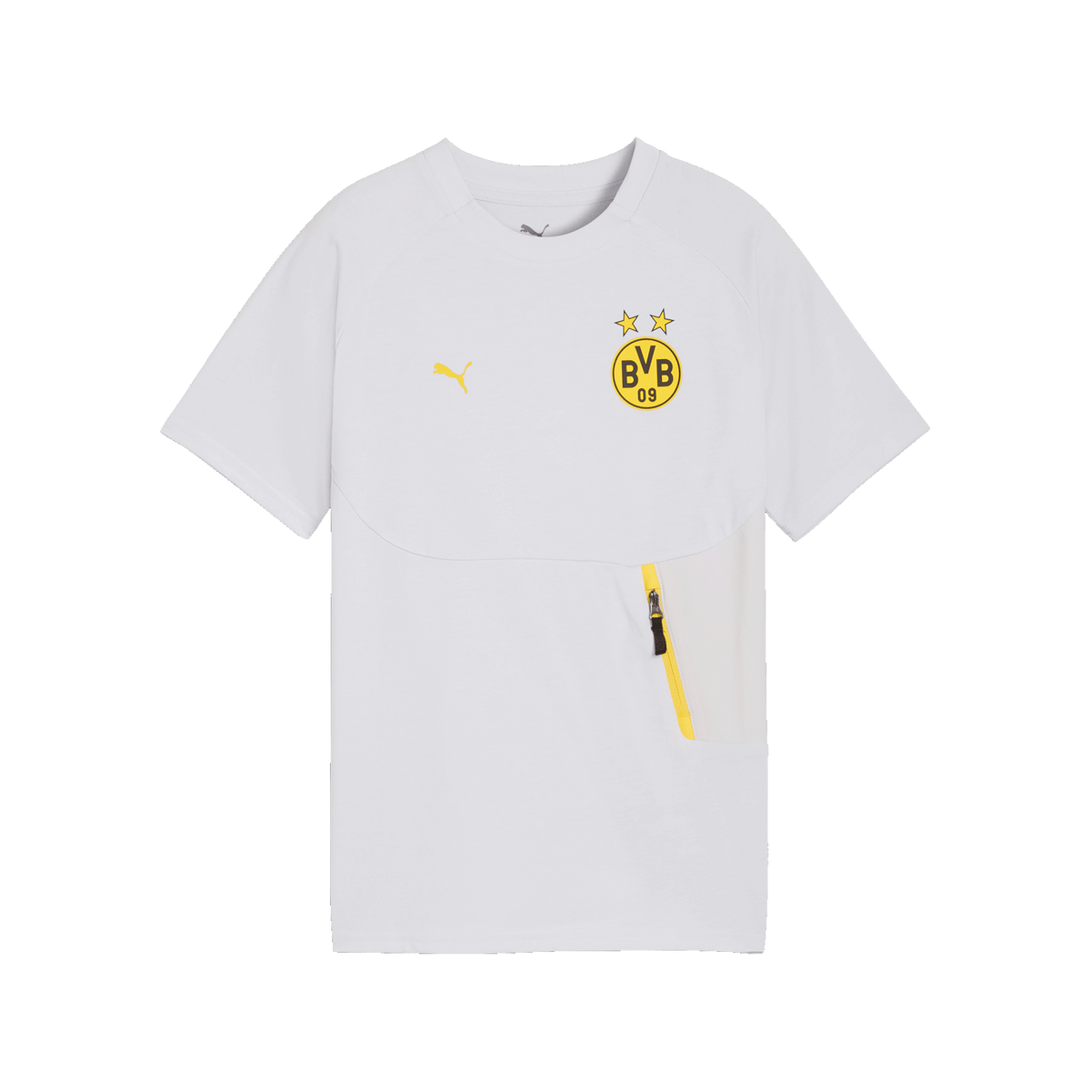 Silbergraues Tech-T-Shirt für Kinder von BVB und PUMA mit BVB-Logo, gelbem Reißverschluss und Akzenten, Vorderansicht.