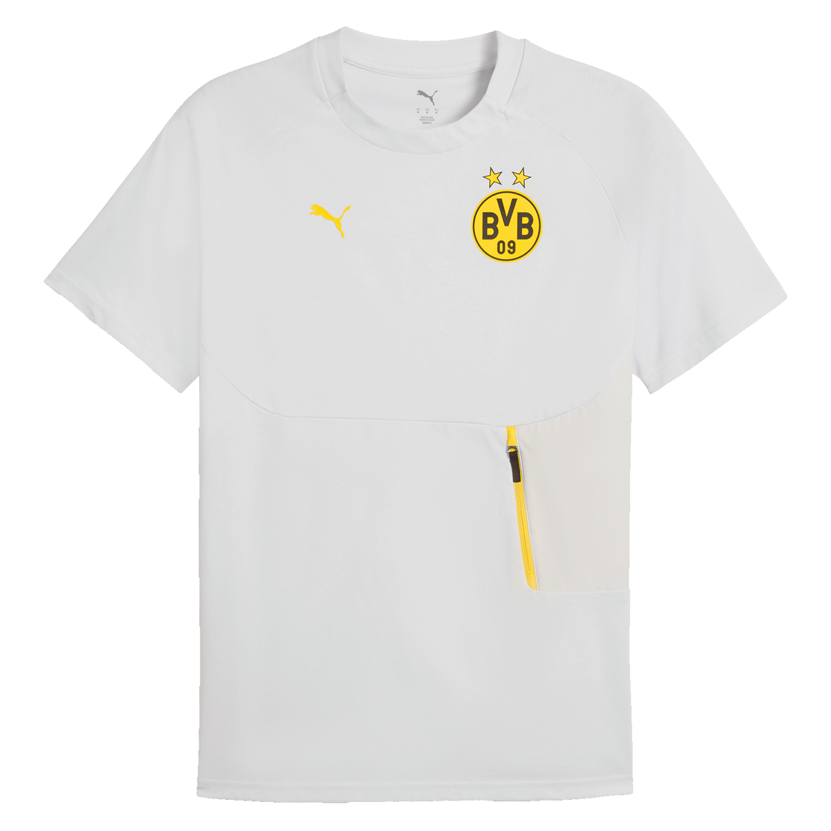 Camiseta del BVB PUMA Tech en color gris plateado con el logotipo del BVB en amarillo y el gato de PUMA en amarillo, de manga corta, tejido transpirable y estilo deportivo.