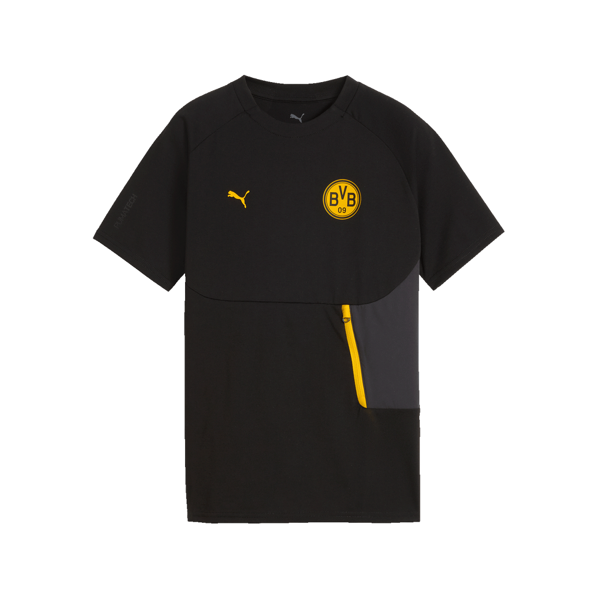 La maglietta nera BVB PUMA Tech Pocket per bambini con logo BVB giallo, logo PUMA e una tasca con cerniera gialla.