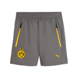 Pantaloncini BVB PUMA Tech Relaxed per bambini, color antracite con cerniere gialle, logo BVB e logo PUMA, adatti allo sport e al tempo libero.