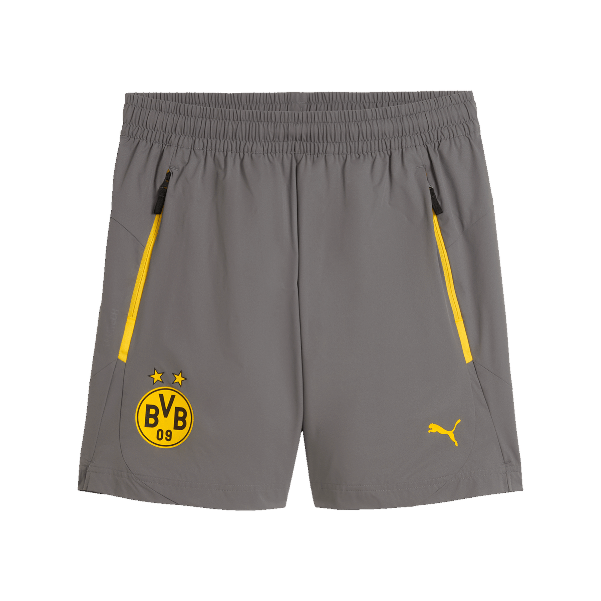 BVB PUMA Tech Relaxed Shorts für Kinder in anthrazit mit gelben Reißverschlüssen, BVB-Logo und PUMA-Logo, geeignet für Sport und Freizeit.
