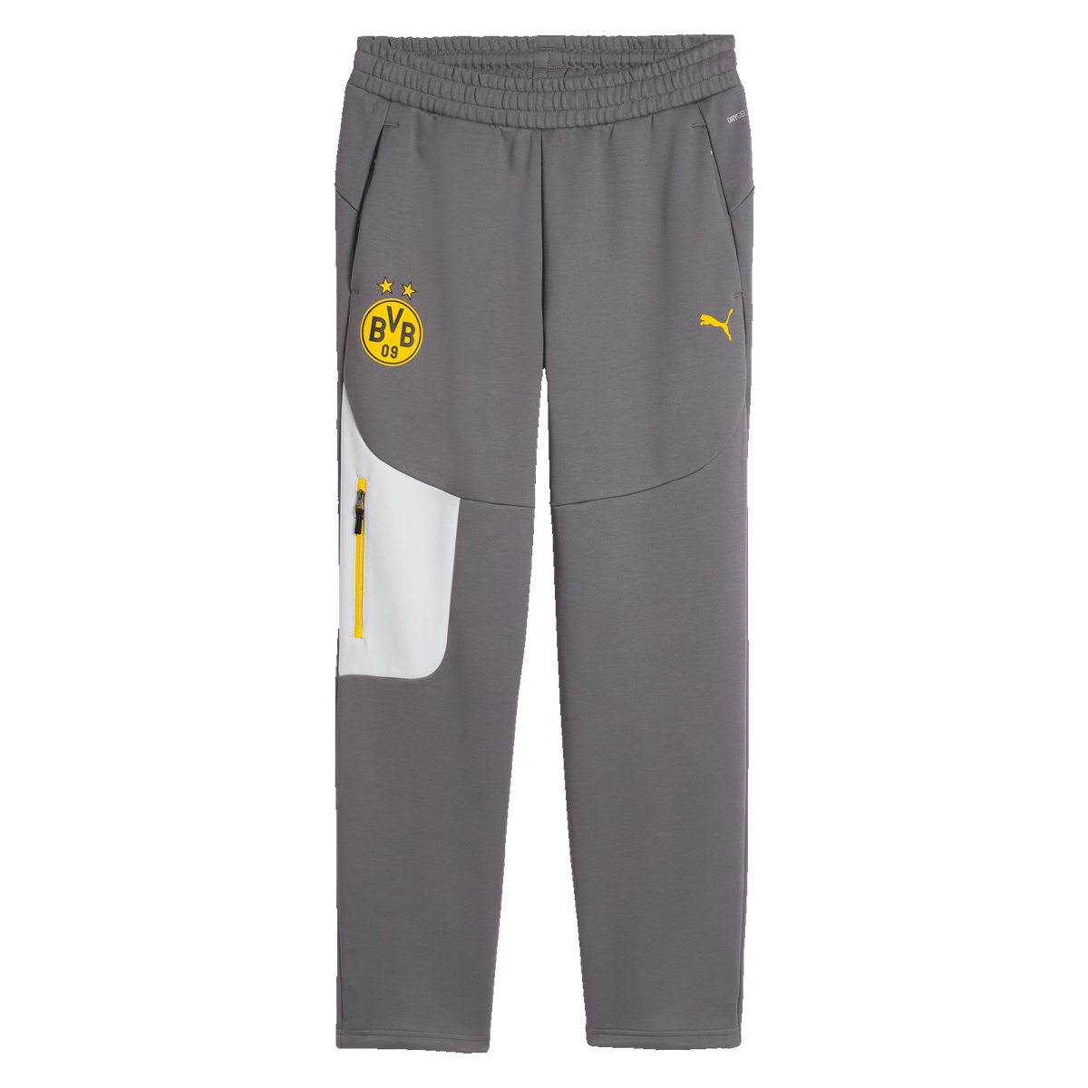 Sportliche BVB PUMA Tech Freizeithose in Anthrazit mit gelbem BVB-Logo, PUMA-Emblem und kontrastierenden Details, ideal für Fans und Sportaktivitäten.