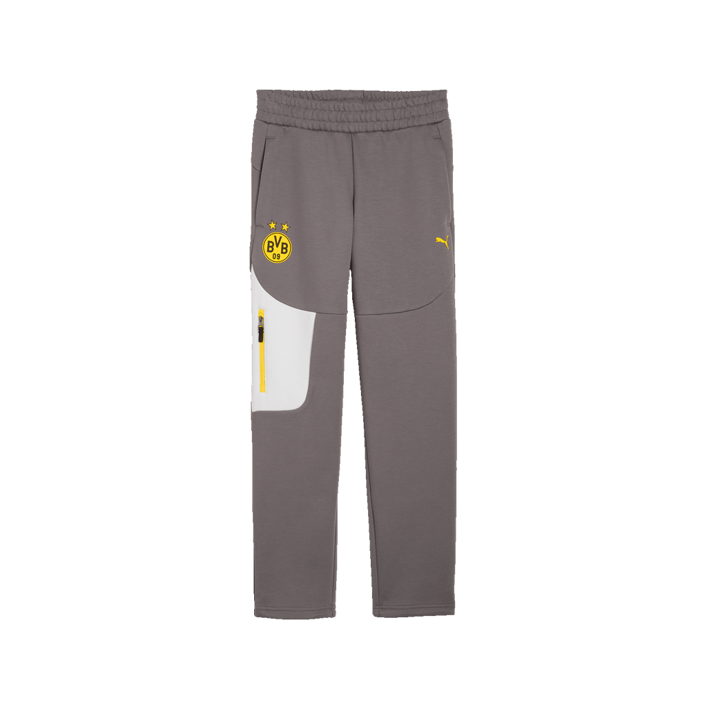 Anthrazitfarbene BVB PUMA Tech Kinderfreizeithose mit BVB-Emblem und PUMA-Logo; sportliches Design mit auffälligen gelben Akzenten und praktischem Reißverschluss.