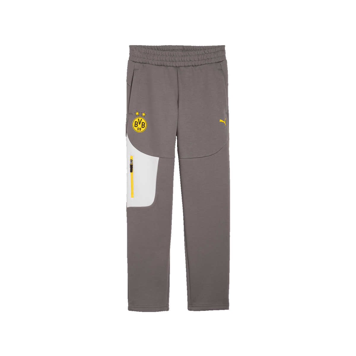 Anthrazitfarbene BVB PUMA Tech Kinderfreizeithose mit BVB-Emblem und PUMA-Logo; sportliches Design mit auffälligen gelben Akzenten und praktischem Reißverschluss.