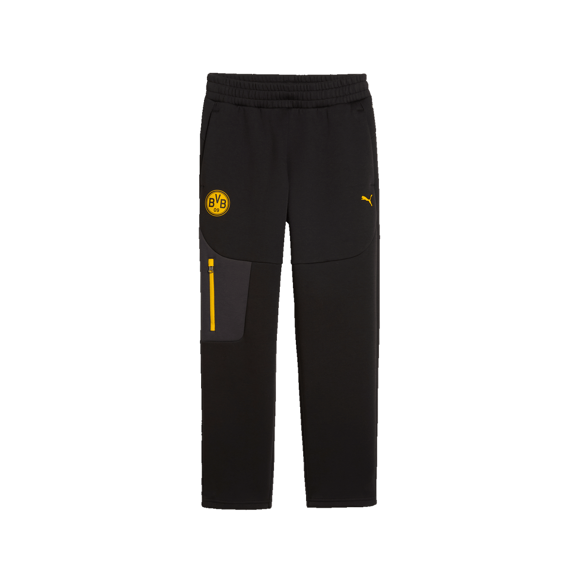 Schwarze BVB PUMA Tech Freizeithose für Kinder mit BVB-Logo und gelbem PUMA-Logo, sportlich und bequem.