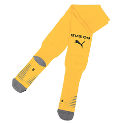 Yellow BVB socks from the 2025/26 Cup Collection with gray accents, "BVB 09" lettering, and a black PUMA logo.