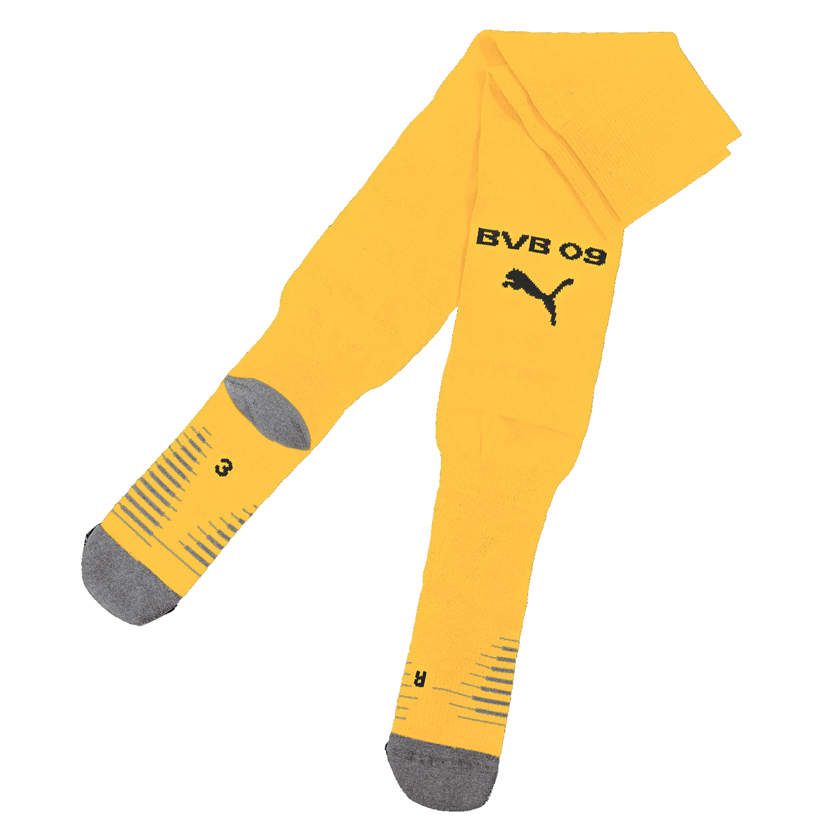 Gelbe BVB-Stutzen der Cup-Kollektion 2025/26 mit grauen Akzenten, BVB 09-Schriftzug und schwarzem PUMA-Logo.