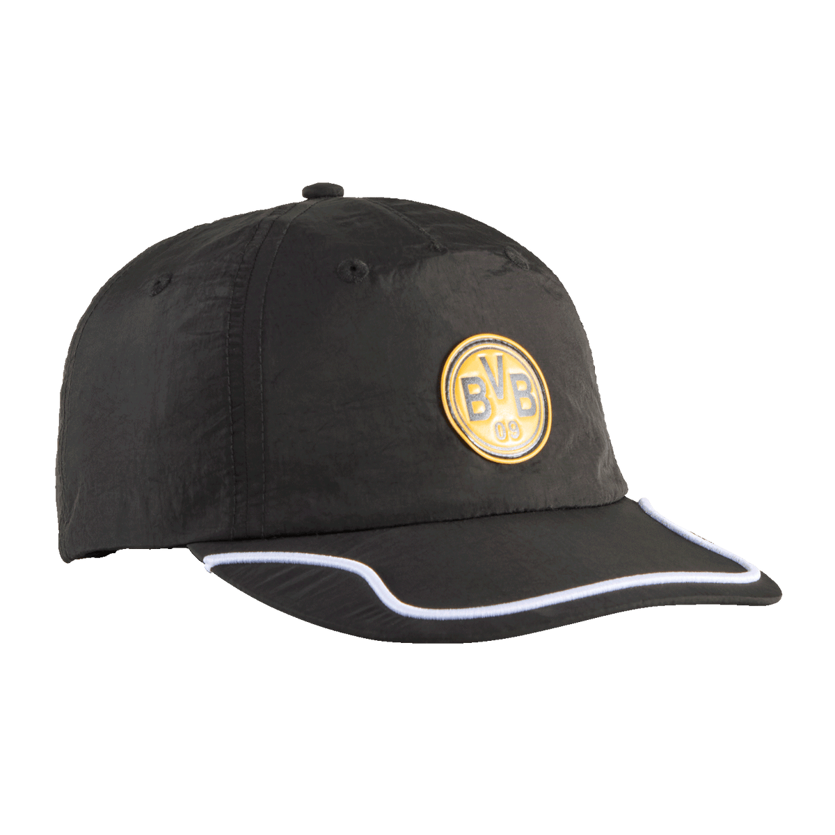 Cappellino nero del BVB "Cellerator" con bordo bianco e stemma del BVB, la scelta perfetta per i tifosi del Borussia Dortmund.