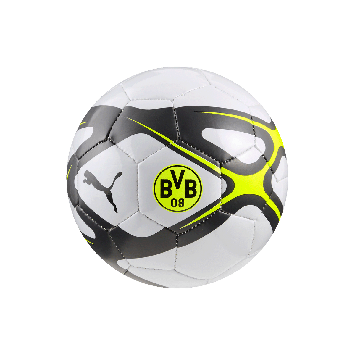 Kleiner silbergrauer Fußball mit BVB-Logo und PUMA-Logo, perfekt für Fans von Borussia Dortmund.