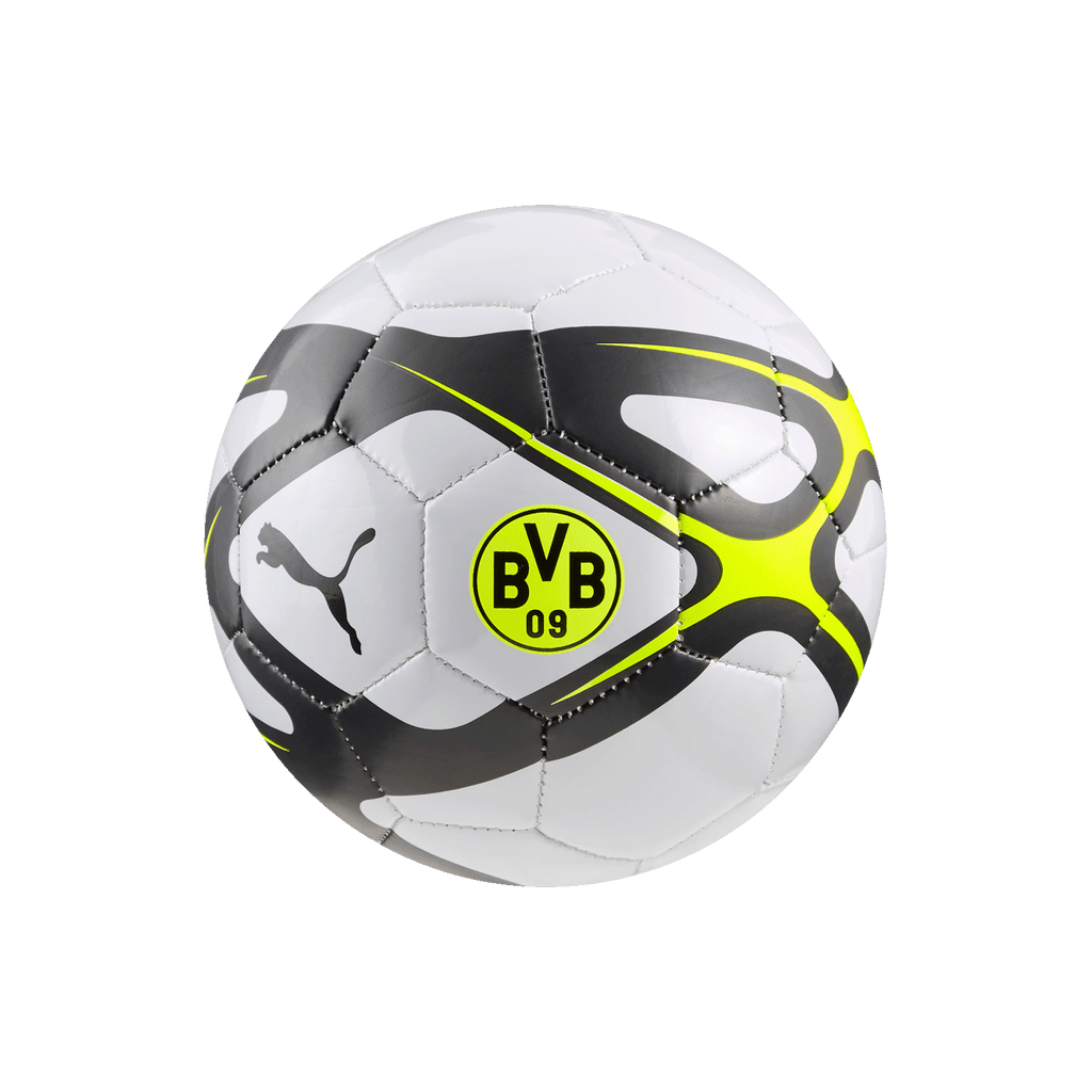 Pallone da calcio di piccole dimensioni, color grigio-argento, con il logo del BVB e quello della PUMA, perfetto per i tifosi del Borussia Dortmund.