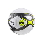 Pallone da calcio di piccole dimensioni, color grigio-argento, con il logo del BVB e quello della PUMA, perfetto per i tifosi del Borussia Dortmund.