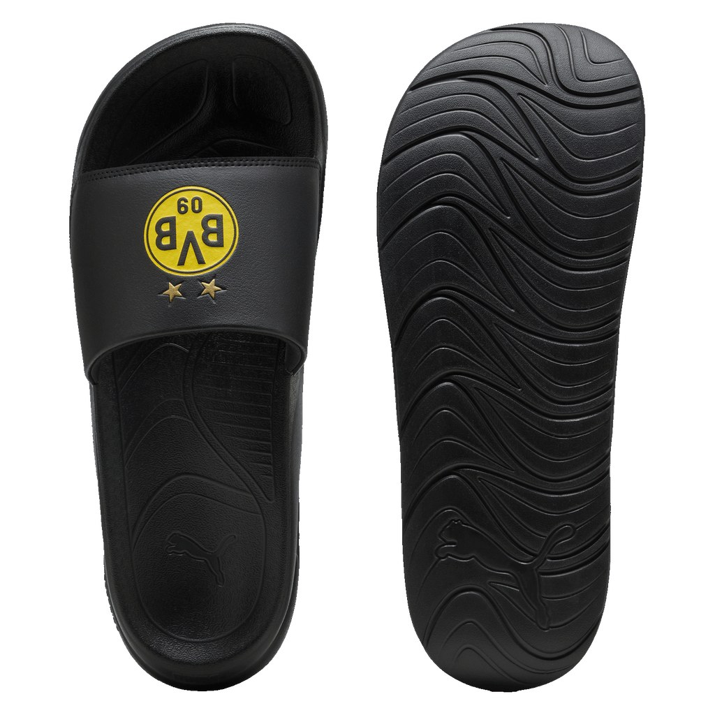 Ciabatte da bagno nere BVB-PUMA con logo BVB giallo e due stelle sul cinturino, oltre a una suola testurizzata per garantire il massimo comfort.