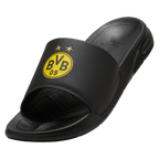 Ciabatte da bagno BVB-PUMA nere e gialle con un vistoso logo BVB e due stelle sul cinturino, ideali per i tifosi e per il tempo libero.