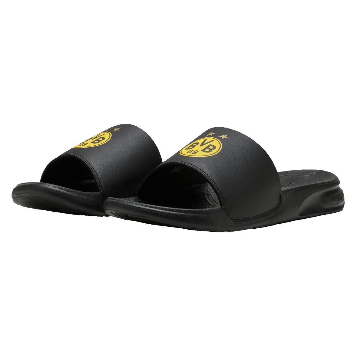 Ciabatte da bagno nere di PUMA con logo BVB 09 giallo, ideali per i tifosi del Borussia Dortmund.
