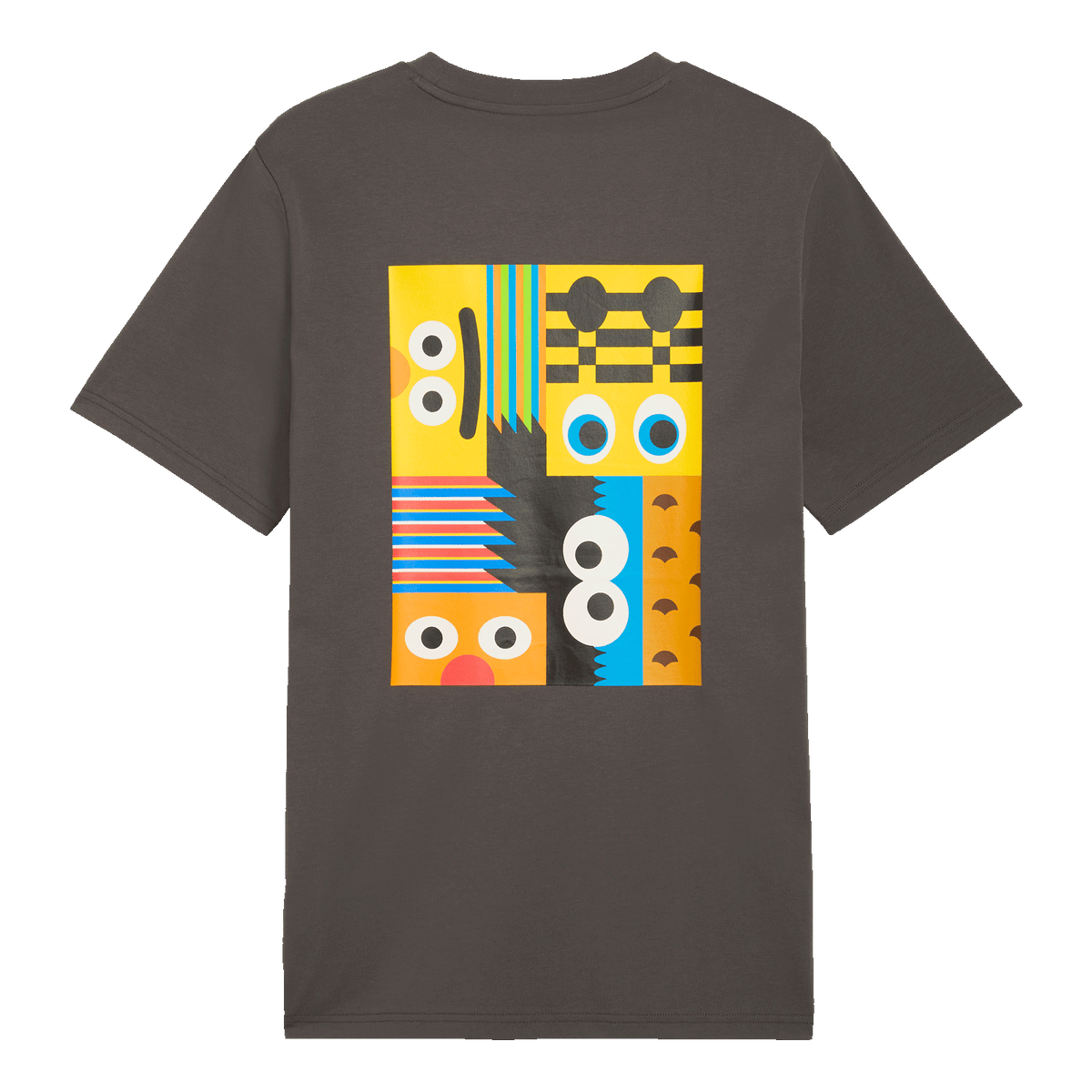 Camiseta gris del BVB con motivos de Barrio Sésamo para hombre, con un llamativo diseño gráfico a todo color en la espalda, como producto oficial del Borussia Dortmund.