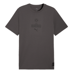Camiseta gris del BVB con motivos de Barrio Sésamo para hombre, con el escudo del BVB, el logotipo de Barrio Sésamo y el logotipo de PUMA, mostrada en vista frontal.