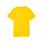 Vista posteriore di una maglietta per bambini del BVB di colore giallo brillante dal design semplice, ideale per i tifosi, con il logo PUMA ben visibile sulla manica sinistra.