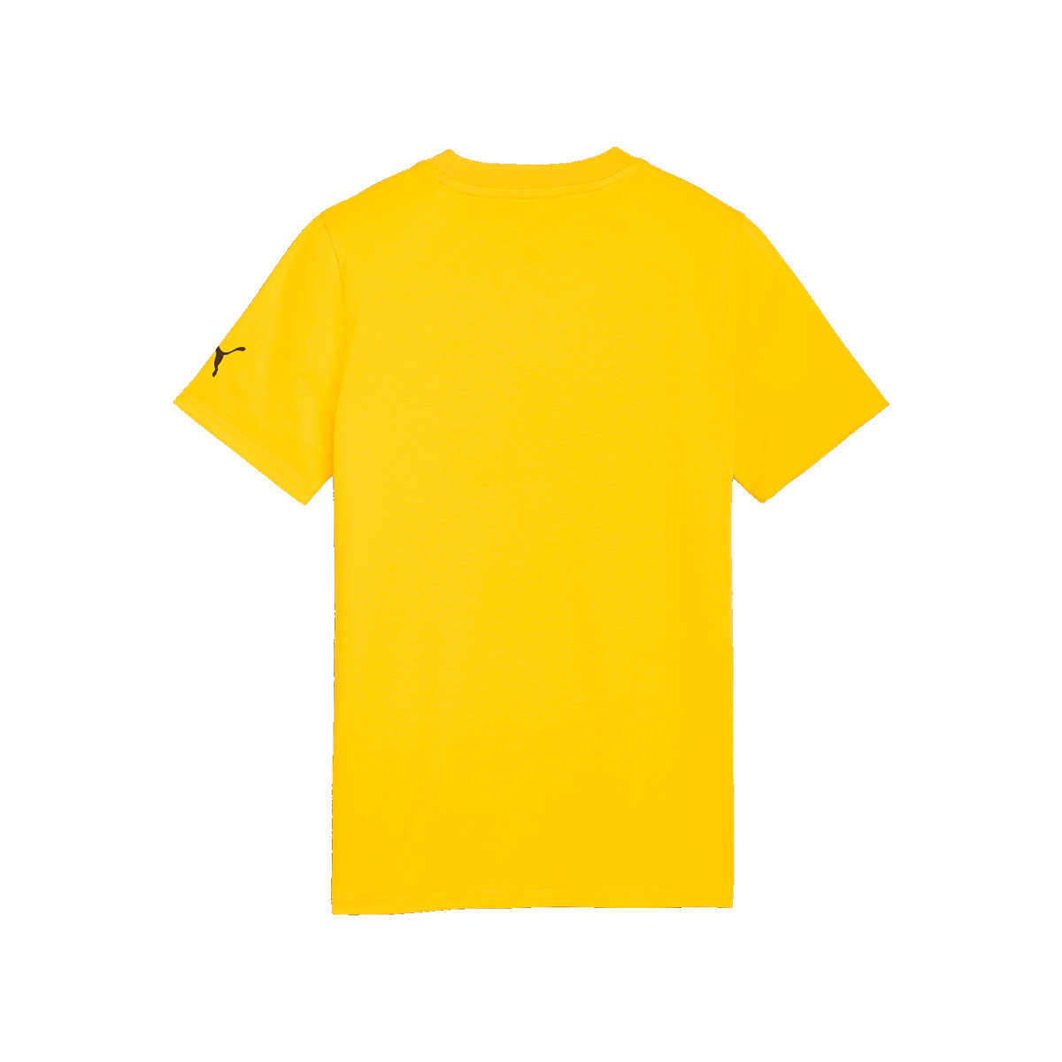 Rear view of a bright yellow BVB kids' T-shirt with a simple design, ideal for fans, featuring a prominent PUMA logo on the left sleeve.