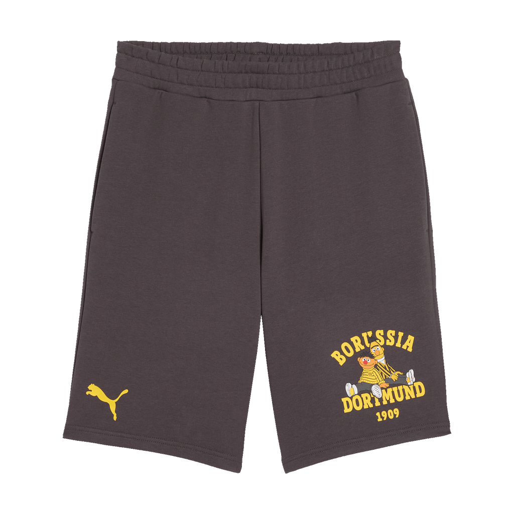 Pantaloncini neri da uomo del BVB ispirati a Sesame Street, realizzati in cotone, con elastico in vita, logo PUMA giallo e design Borussia Dortmund 1909 con motivo ispirato a Sesame Street.