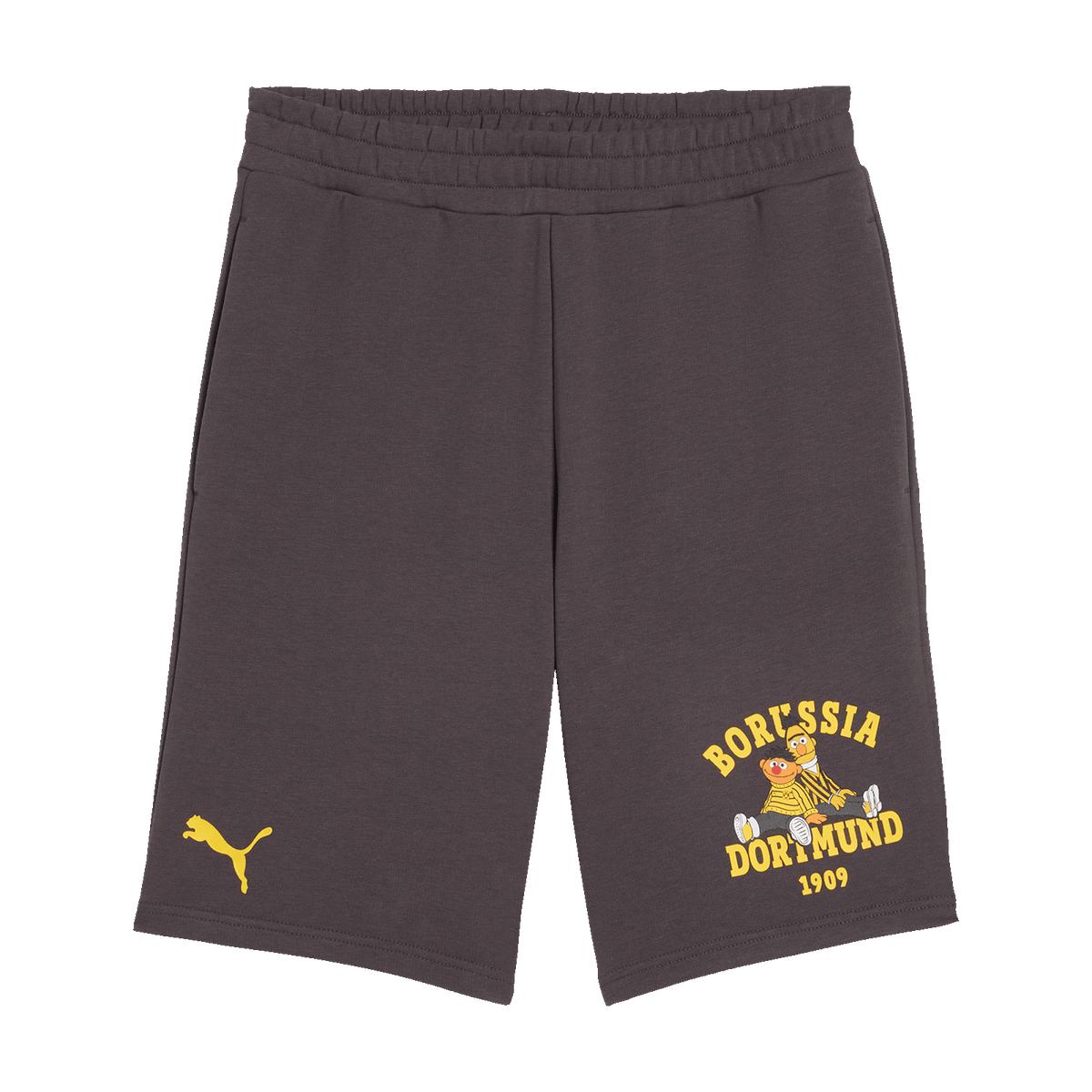 Black BVB Sesame Street shorts for men, made of cotton with an elastic waistband, a yellow PUMA logo, and a Borussia Dortmund 1909 design featuring a Sesame Street motif.