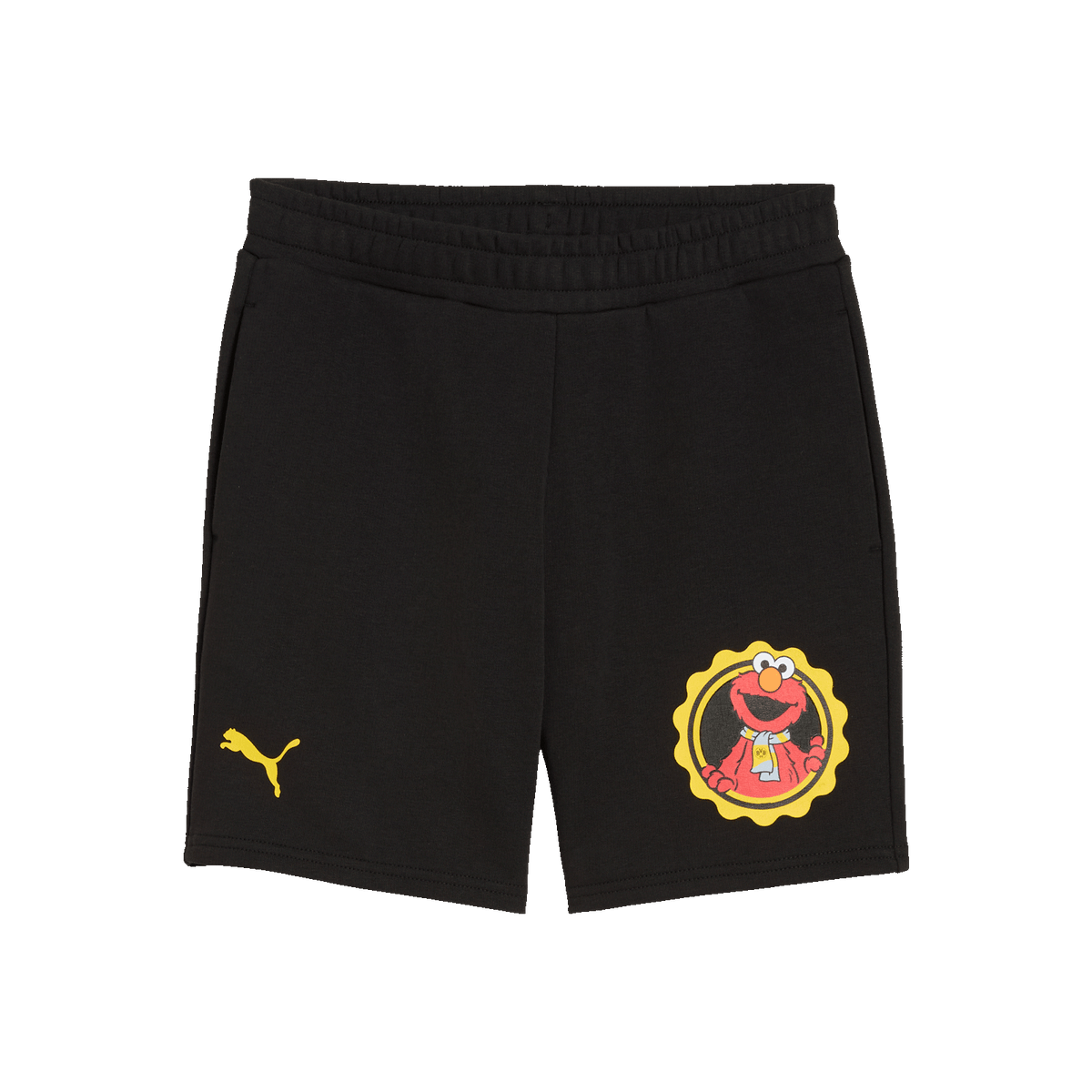 Schwarze BVB-Kinder-Shorts mit gelbem Elmo-Print aus der Sesamstraße und aufgesticktem PUMA-Logo, ideal für junge Borussia Dortmund Fans.
