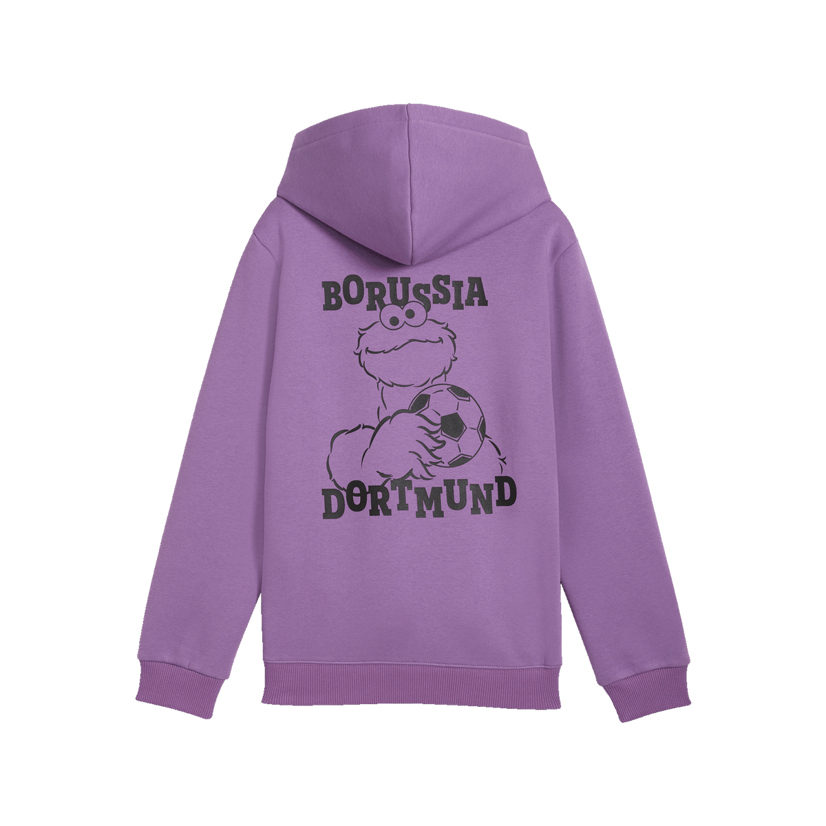 Lila BVB-Kinder Hoodie aus der Zusammenarbeit mit Sesame Street, zeigt das Cookie-Monster mit einem Fußball und den Schriftzug Borussia Dortmund auf der Rückseite.