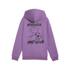 Sudadera con capucha infantil del BVB en color lila, fruto de la colaboración con Barrio Sésamo, que muestra al Monstruo de las Galletas con un balón de fútbol y la inscripción «Borussia Dortmund» en la espalda.