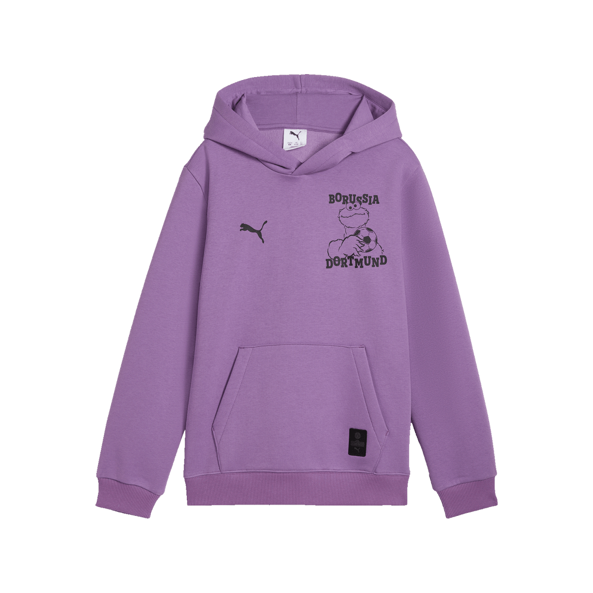 Lila Hoodie für Kinder mit BVB-Design, Sesamstraße-Motiv und PUMA-Logo auf der Brust; ideal für Fans von Borussia Dortmund.