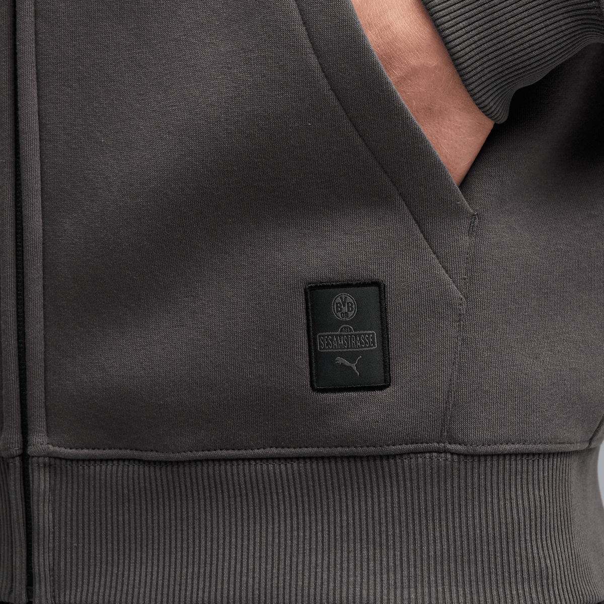 Close-up of the gray BVB sweatshirt jacket for men featuring the Sesame Street logo and the PUMA logo.