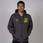 Gray men's sweatshirt jacket from the BVB Sesame Street collection featuring the PUMA logo and a stylish Borussia Dortmund design, with a hood and zipper—perfect for fans.