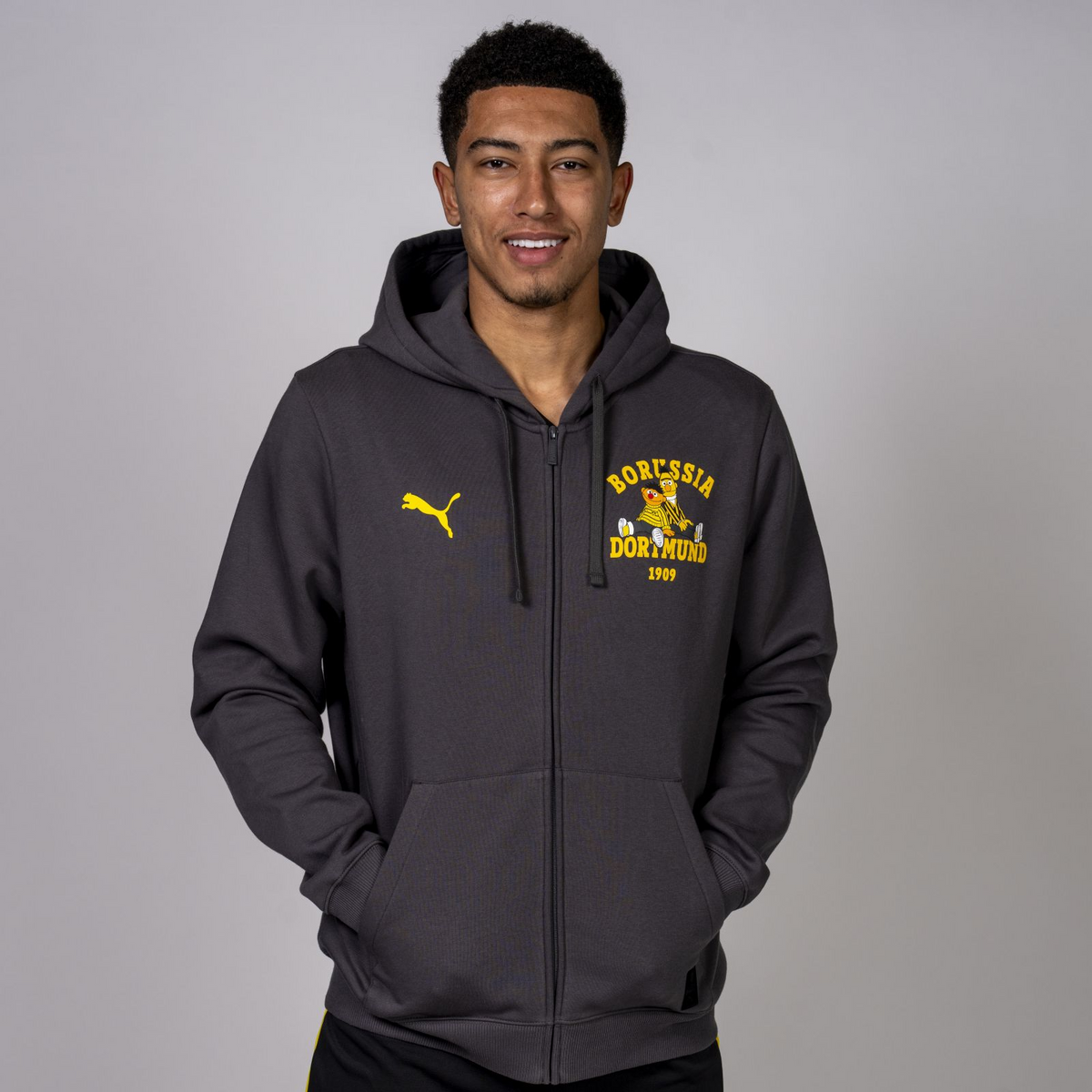 Gray men's sweatshirt jacket from the BVB Sesame Street collection featuring the PUMA logo and a stylish Borussia Dortmund design, with a hood and zipper—perfect for fans.