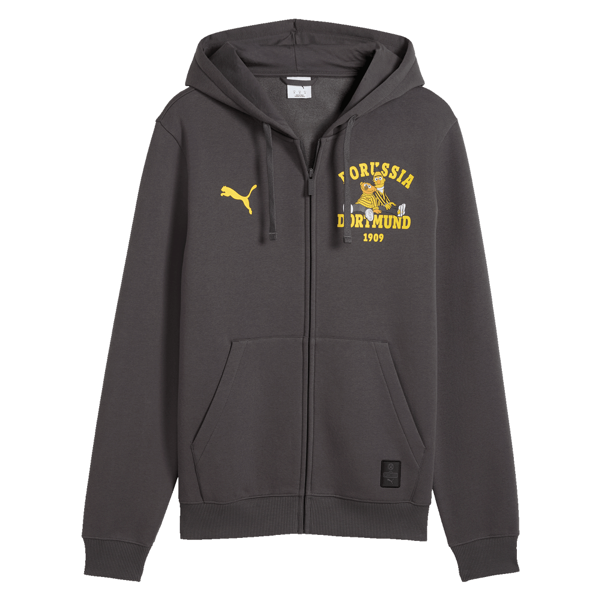 Graue Herren-Sweatjacke der BVB Sesamstraße Kollektion mit BVB- und PUMA-Logo; ausgestattet mit Kapuze und Reißverschluss, ideal für Fans von Borussia Dortmund.