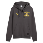 Gray men's sweatshirt jacket from the BVB Sesame Street Collection featuring the BVB and PUMA logos; equipped with a hood and zipper, ideal for Borussia Dortmund fans.